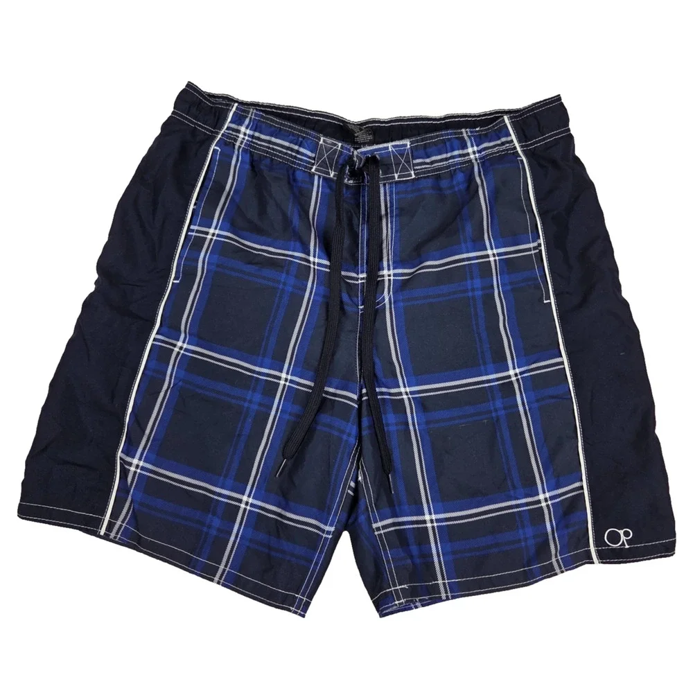 Ocean Pacific OP Mens Swim‎ Trunks Board Shorts Blue White Plaid Size L